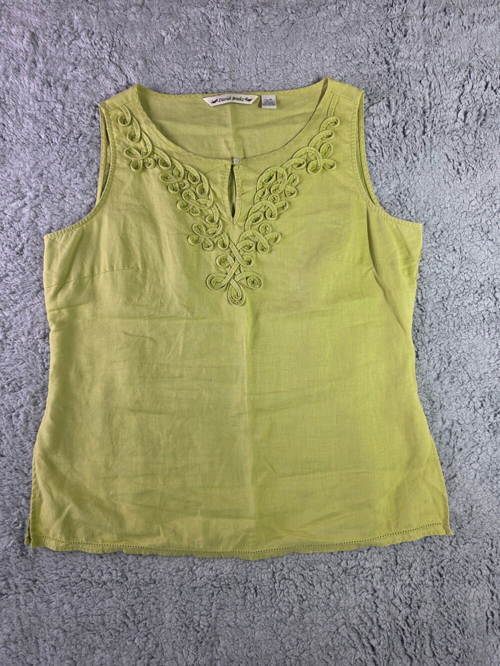 Vintage 100% Linen Top Green Soutache Embroidered Boho Sleeveless David Brooks